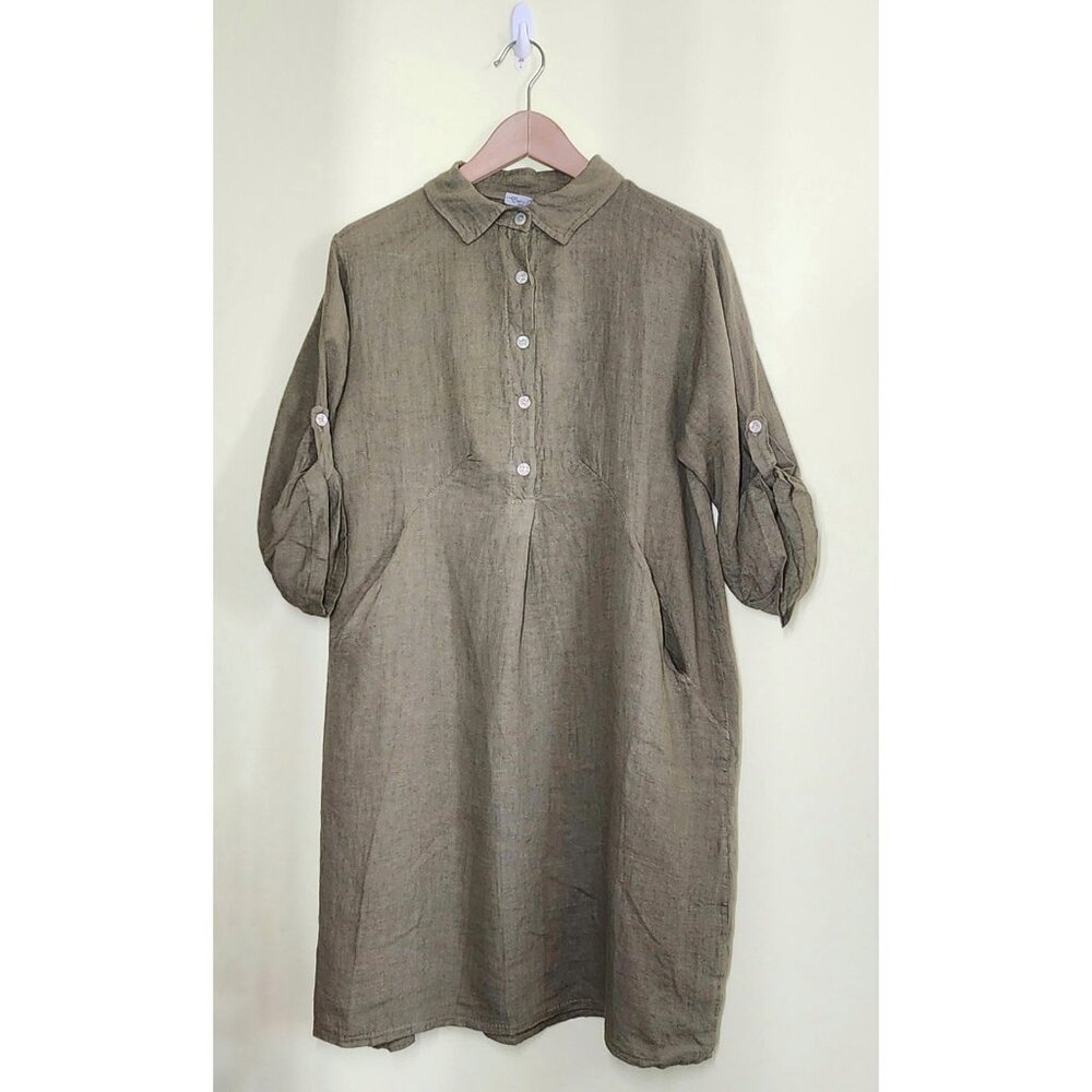 Elena Baldi Pure Linen Shirt Dress Womens Medium Army Green Roll Tab Sleeve Luxe